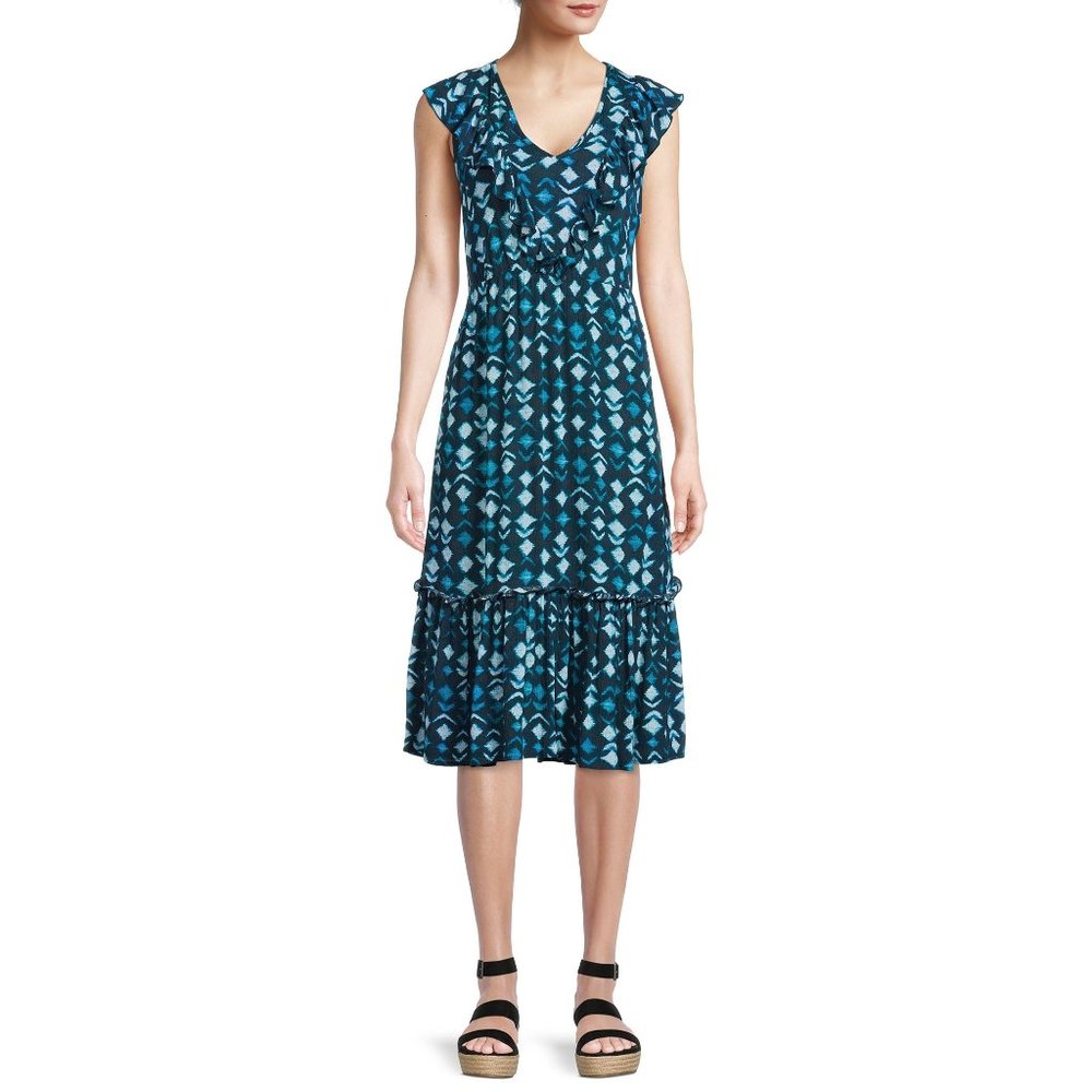 Sleeveless Ruffled Midi Sun Dress Abstract Print  sz XL NWT